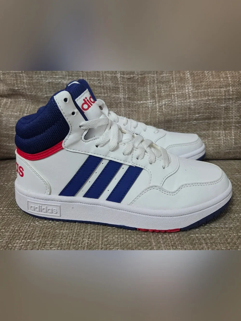 Adidas Hoops 3.0 Mid Kids Athletic Sneakers White Blue Red GZ9647 Size 3 Youth